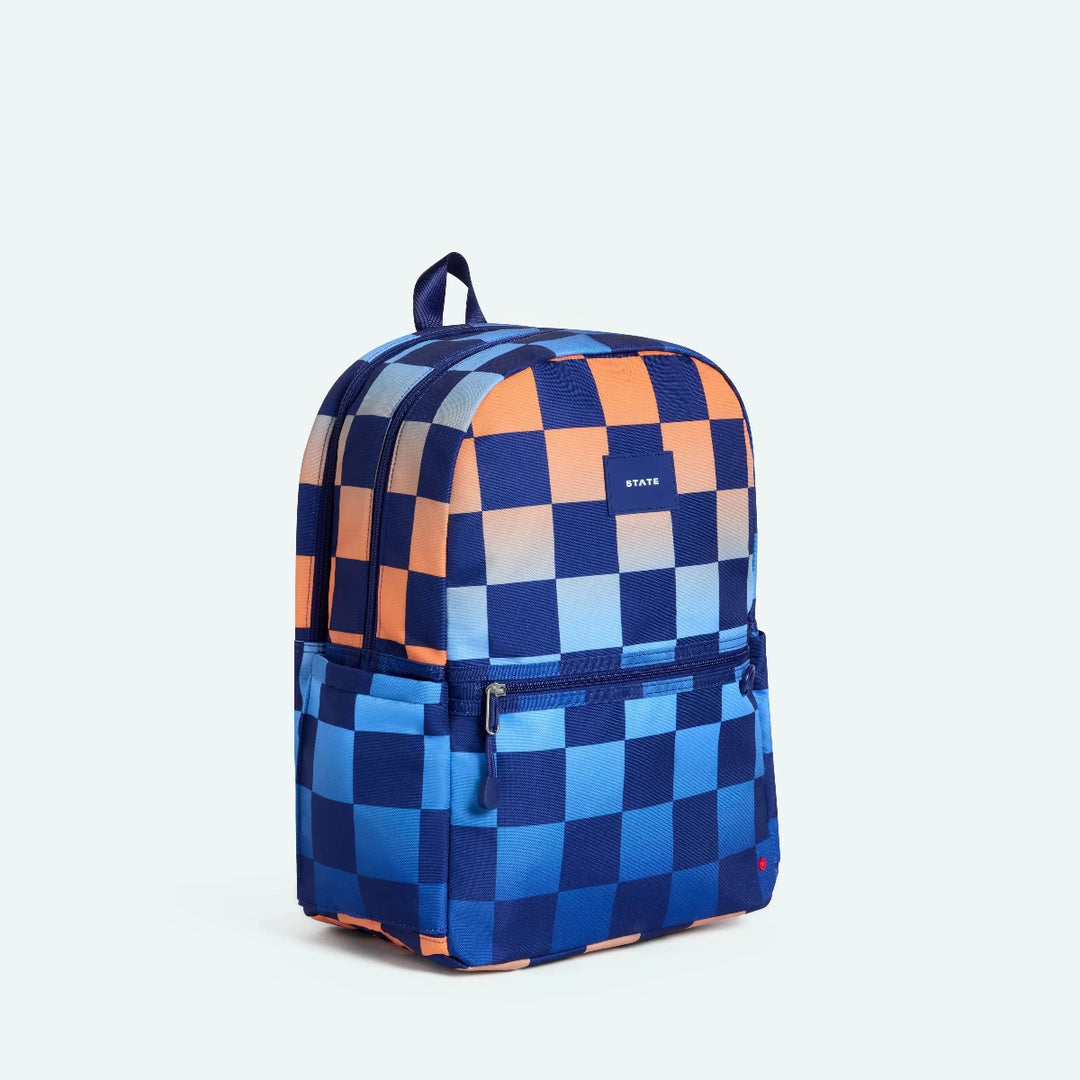 Blue and orange checkered backpack