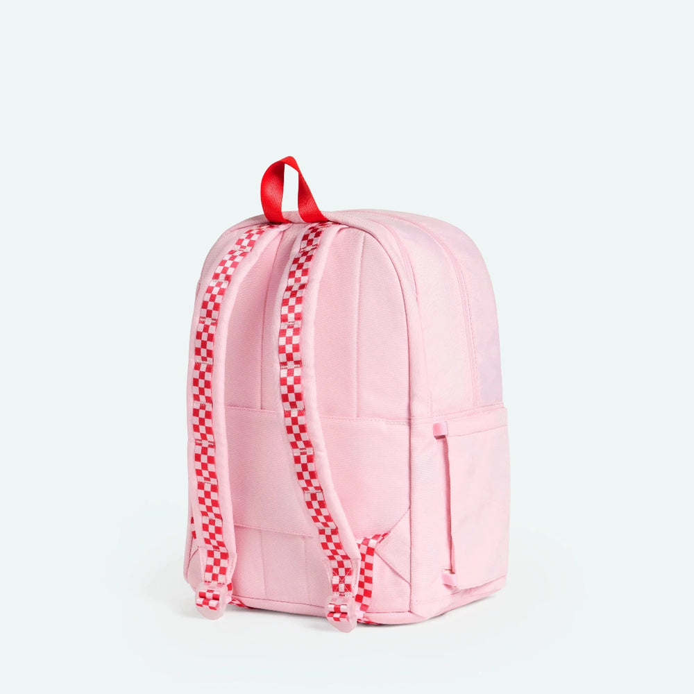 Pink backpack with red cherry pattern