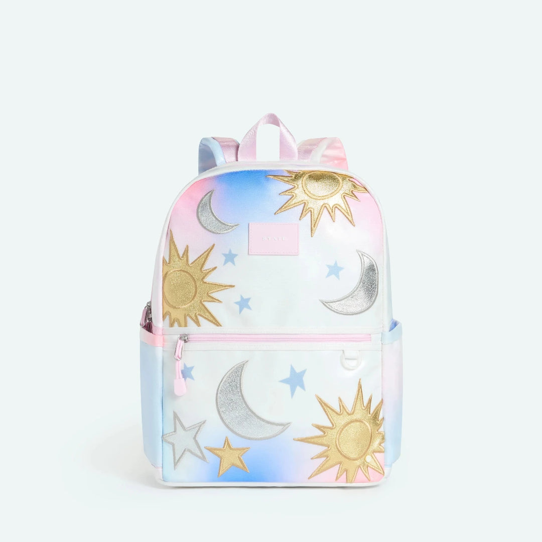 Backpack with celestial design featuring suns, moons, and stars