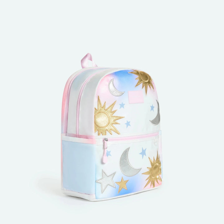 Backpack with celestial design featuring suns, moons, and stars