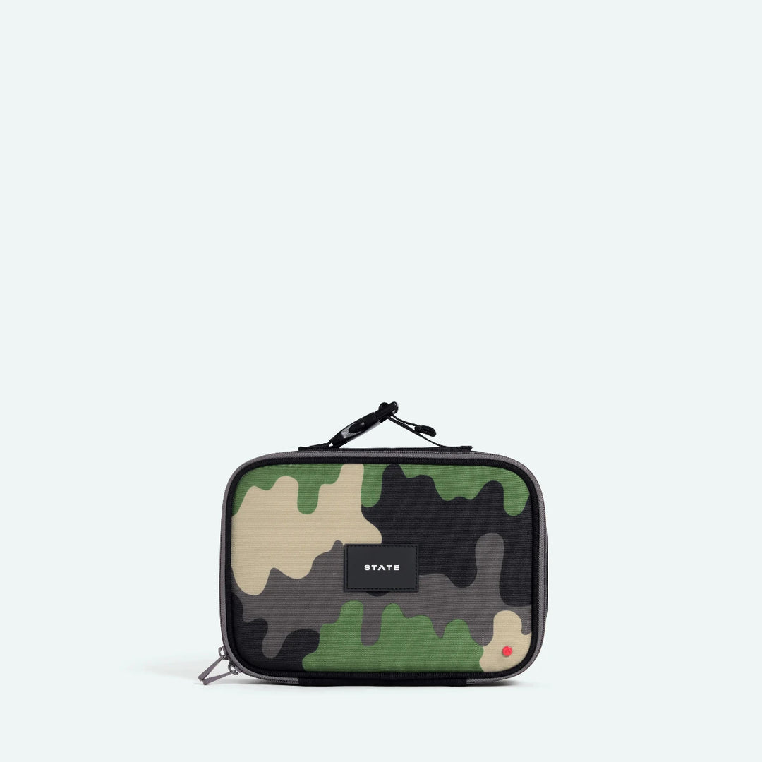 Camouflage-patterned rectangular pouch with a visible brand logo
