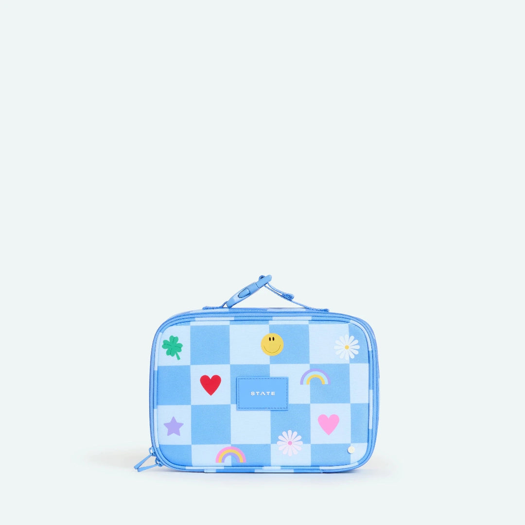 Checkered lunch bag with colorful icons