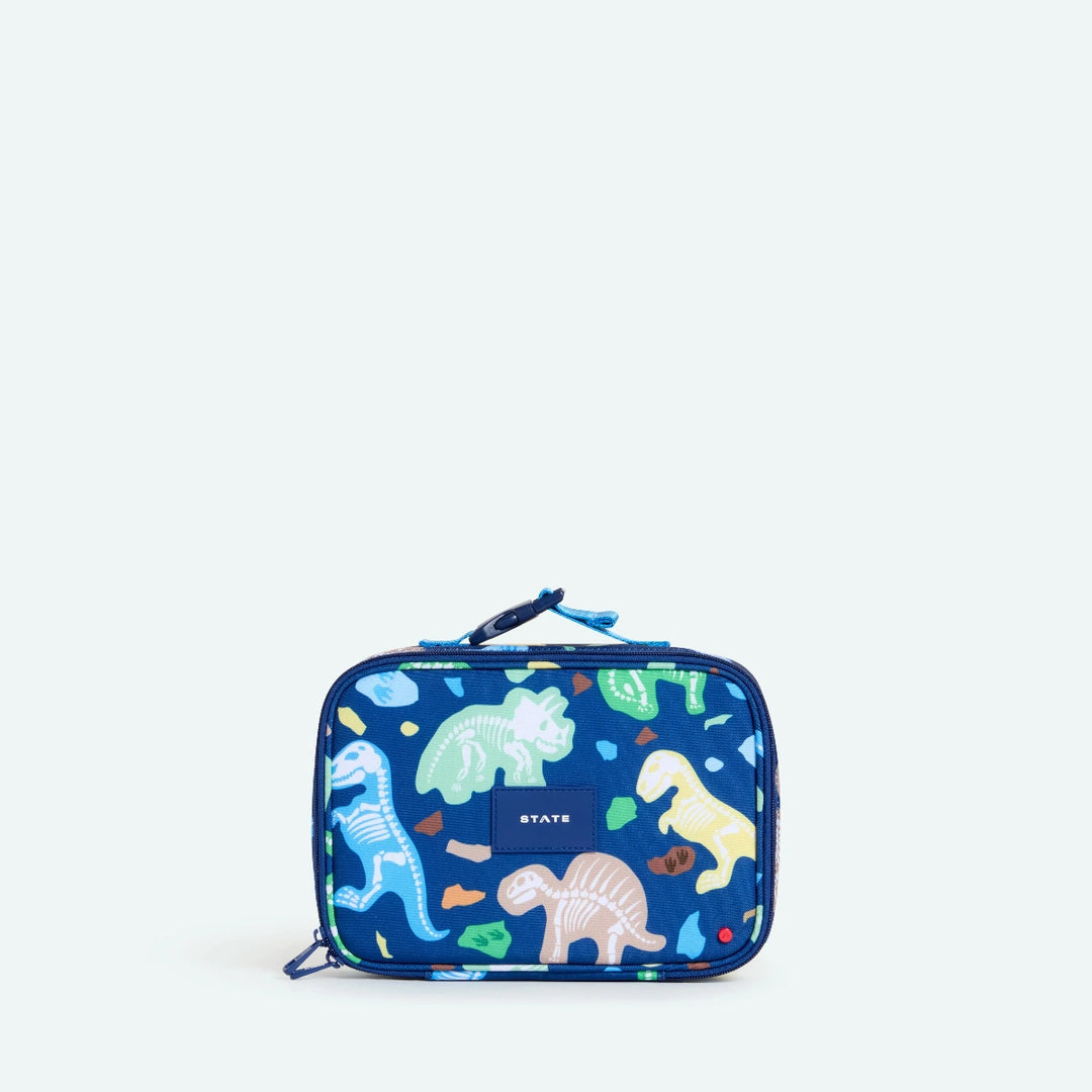 Navy blue lunch bag with dinosaur pattern
