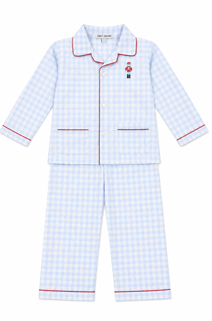 Nutcracker Embroidered Blue Plaid Pajama
