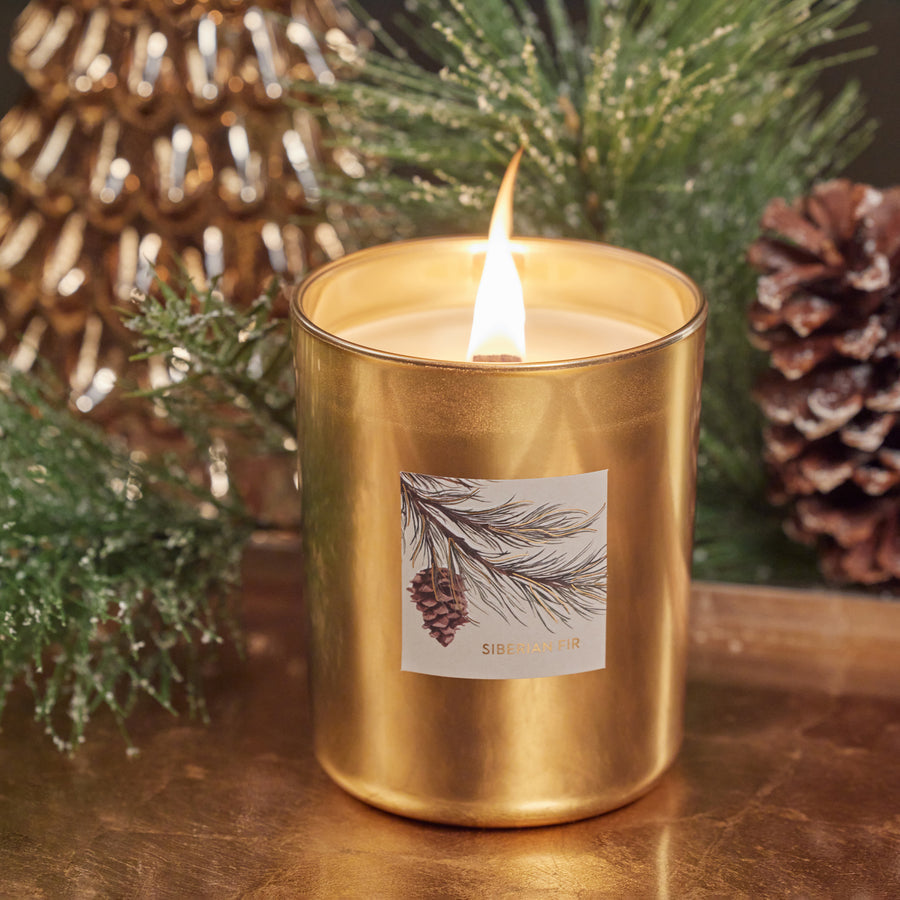 Siberian Fir Gold Wood Wick Candle in Gift Box - Gray