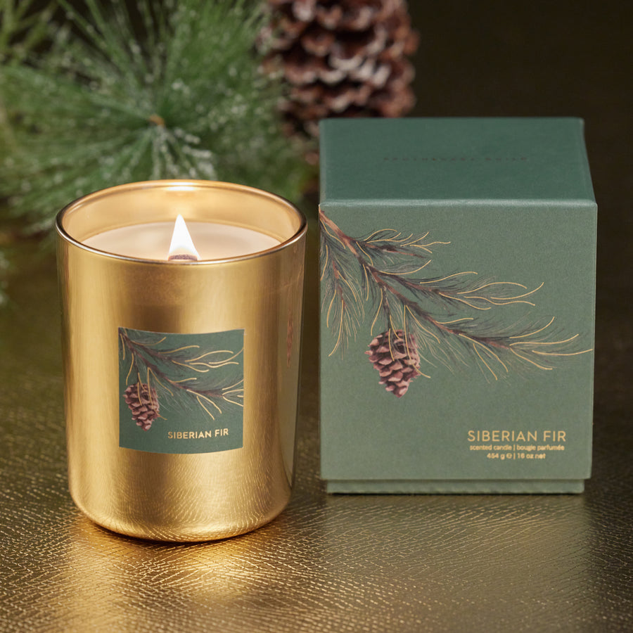 Siberian Fir Gold Wood Wick Candle in Gift Box - Holiday Green