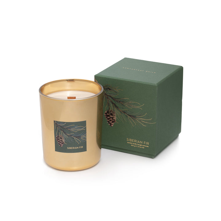 Siberian Fir Gold Wood Wick Candle in Gift Box - Holiday Green