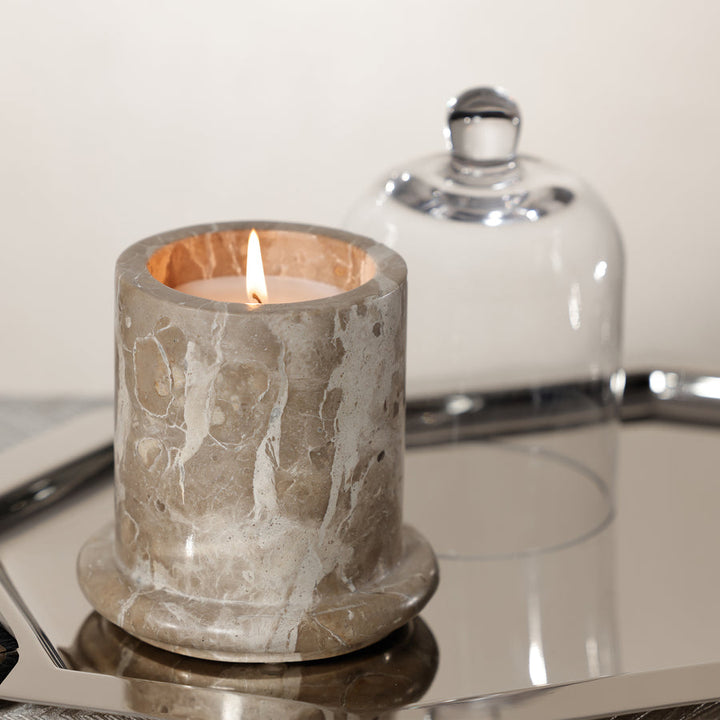 Marbella Scented Candle Jar with Cloche - Crema Fossil Marble : Bergamot Linen