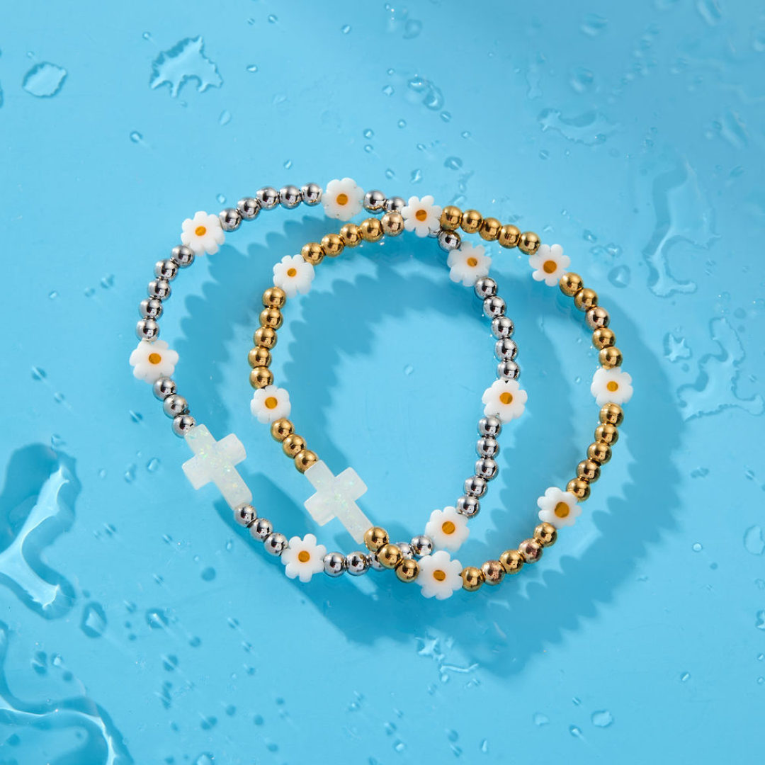 HOLY WATER DAISY CROSS BRACELET: Yellow Gold