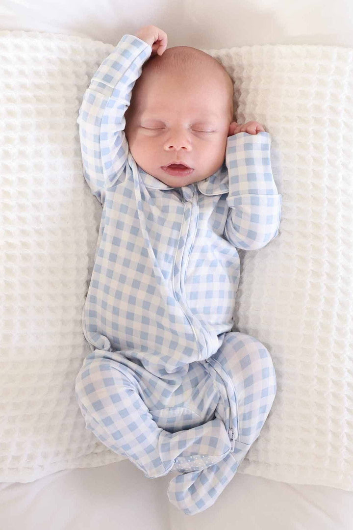Peter Pan Collar Zipper Footie|Dusty Blue Gingham:6-12 months