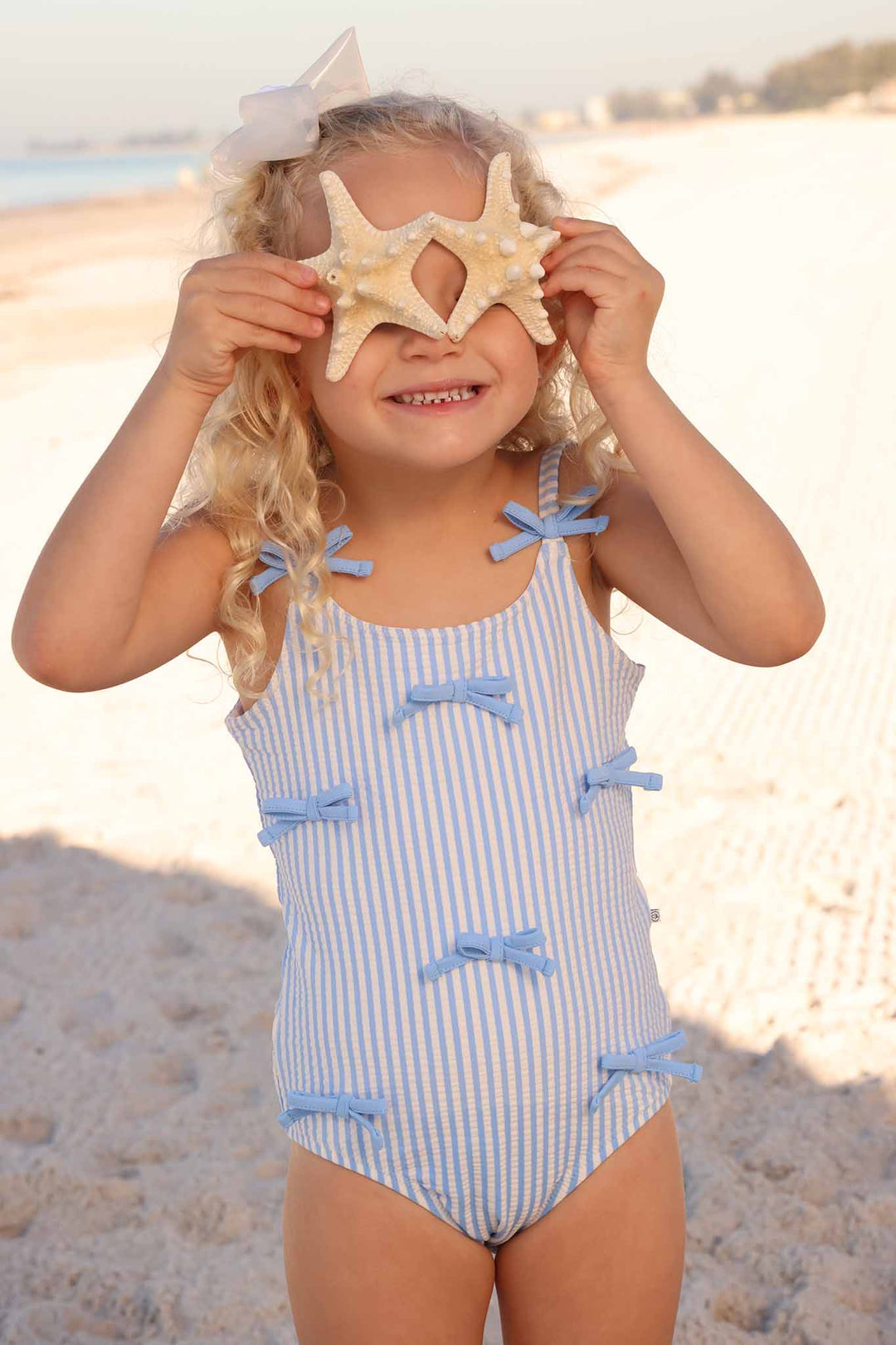Tiny Bows One Piece | Seersucker Blue: 12-18 months