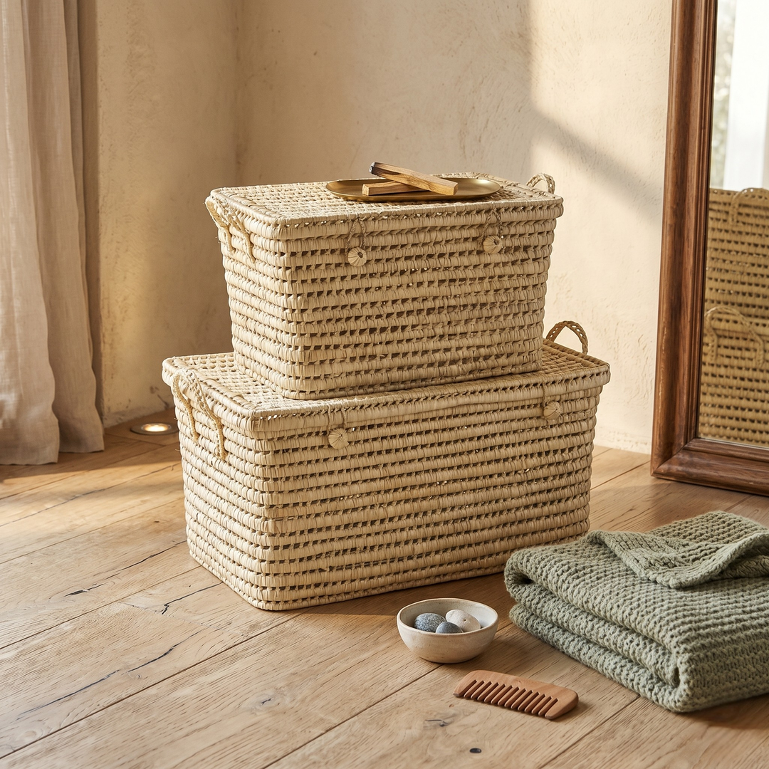 Handwoven Bamboo and Palm Leaf Wicker Storage Trunk: 50 Cm