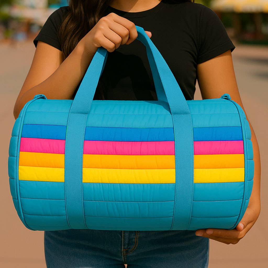 Blue Puffer Duffle Bag Retro Stripe