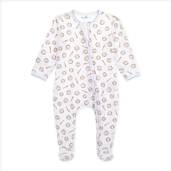 Precious Lil' Sluggers Print Zip Footie - Light Blue
