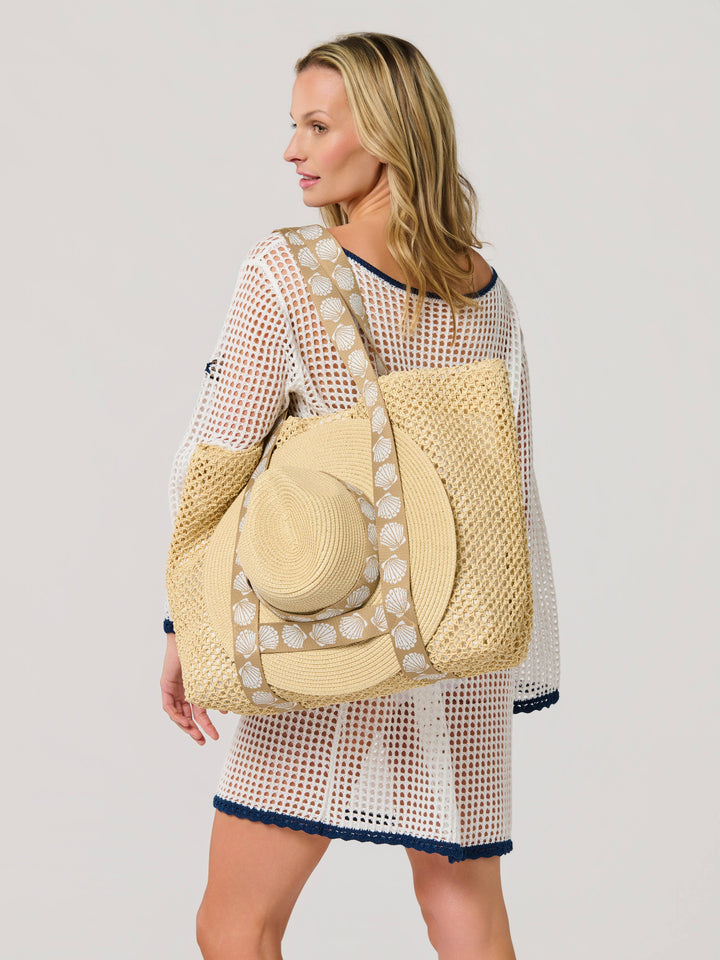 SHELLY TOTE AND HAT SET,TAN