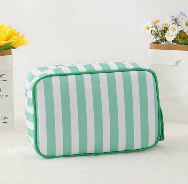 Color-Blocked Striped Pouch Bow Tassel Zipper Makeup Bag