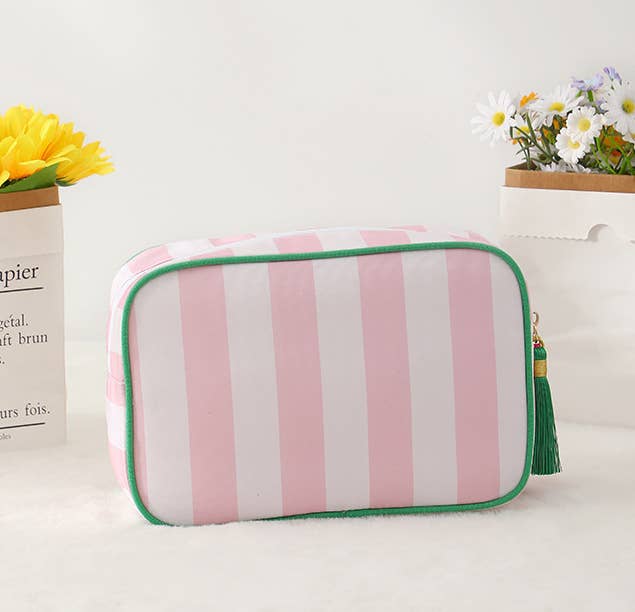 Color-Blocked Striped Pouch Bow Tassel Zipper Makeup Bag