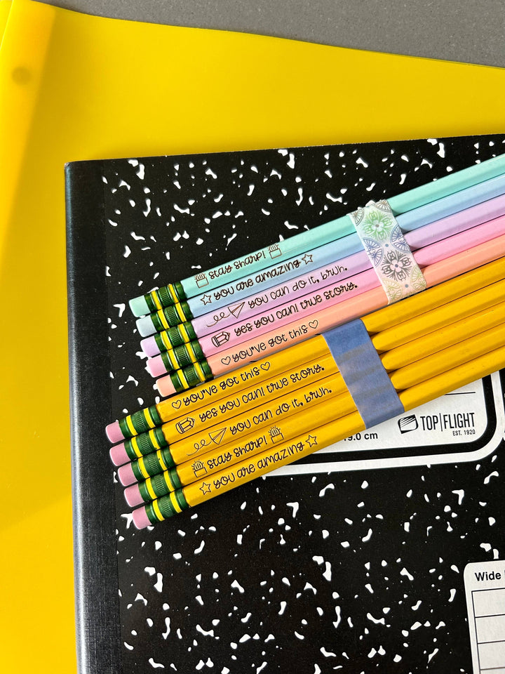 Motivational Pencils, positivity pencils, engraved pencils,
