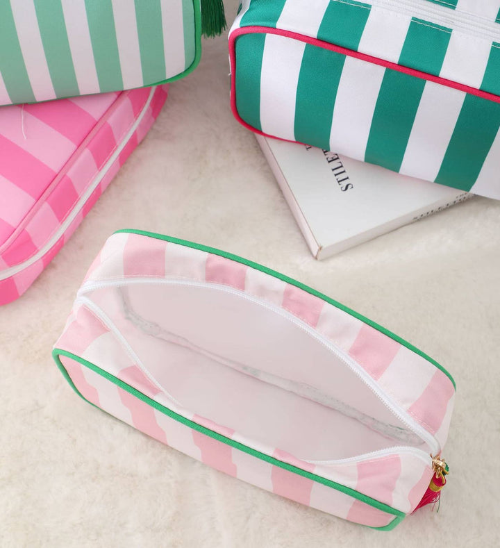 Color-Blocked Striped Pouch Bow Tassel Zipper Makeup Bag