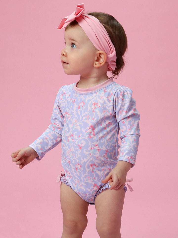 Baby Girls Lavender Floral Princess Long Sleeve One Piece Rash Guard Swimsuit with Signature Rear Ruffles: Purple