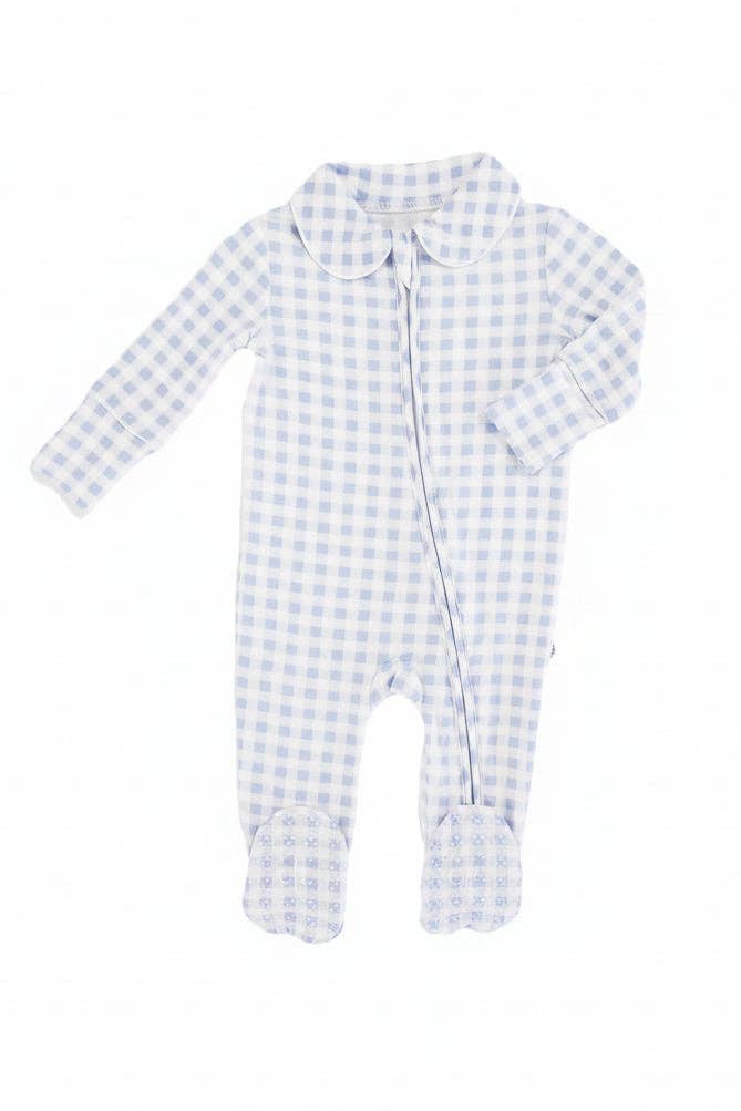 Peter Pan Collar Zipper Footie | Dusty Blue Gingham: