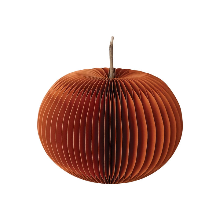 Paper Folding Honeycomb Pumpkin w/ Dried Natural Twig Stem, Orange Color 9"