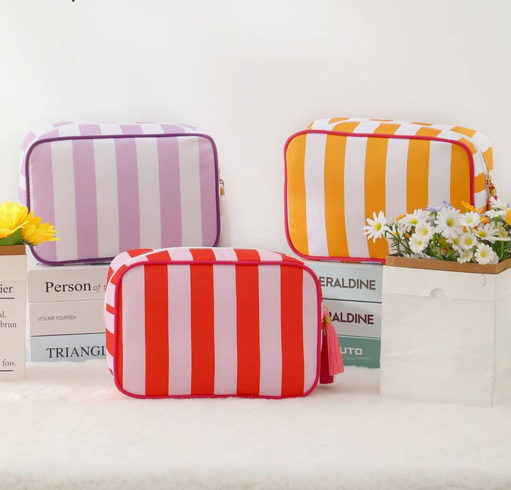 Color-Blocked Striped Pouch Bow Tassel Zipper Makeup Bag