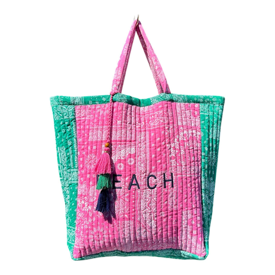 Saline Beach Tote Patchwork Bandana Pink Green "Beach"