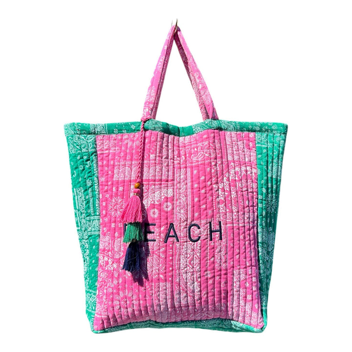 Saline Beach Tote Patchwork Bandana Pink Green "Beach"