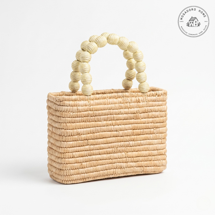 Handcrafted Raffia Bag with Beaded Handle: Ivory