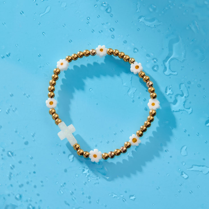 HOLY WATER DAISY CROSS BRACELET: Yellow Gold
