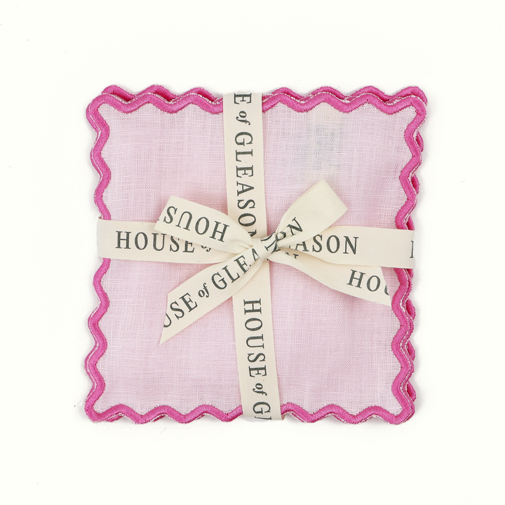 Scalloped Pink Linen Square Cocktail Napkins - Set of 4