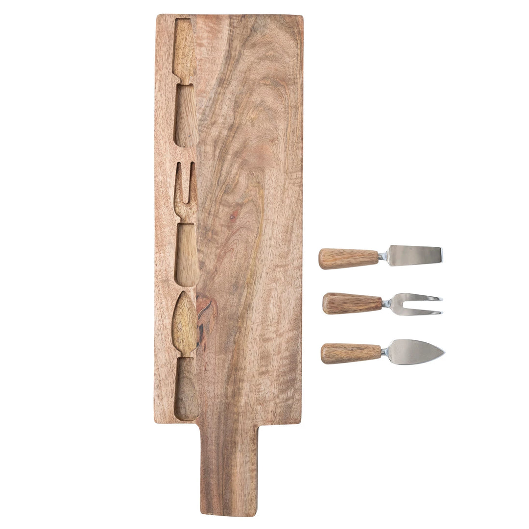 Mango Wood Cheese/Cutting Board w/ Handle & Cheese Utensils, Set of 4