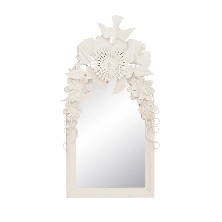 Wood Framed Wall Mirror w/ Embossed Metal Flowers & Birds