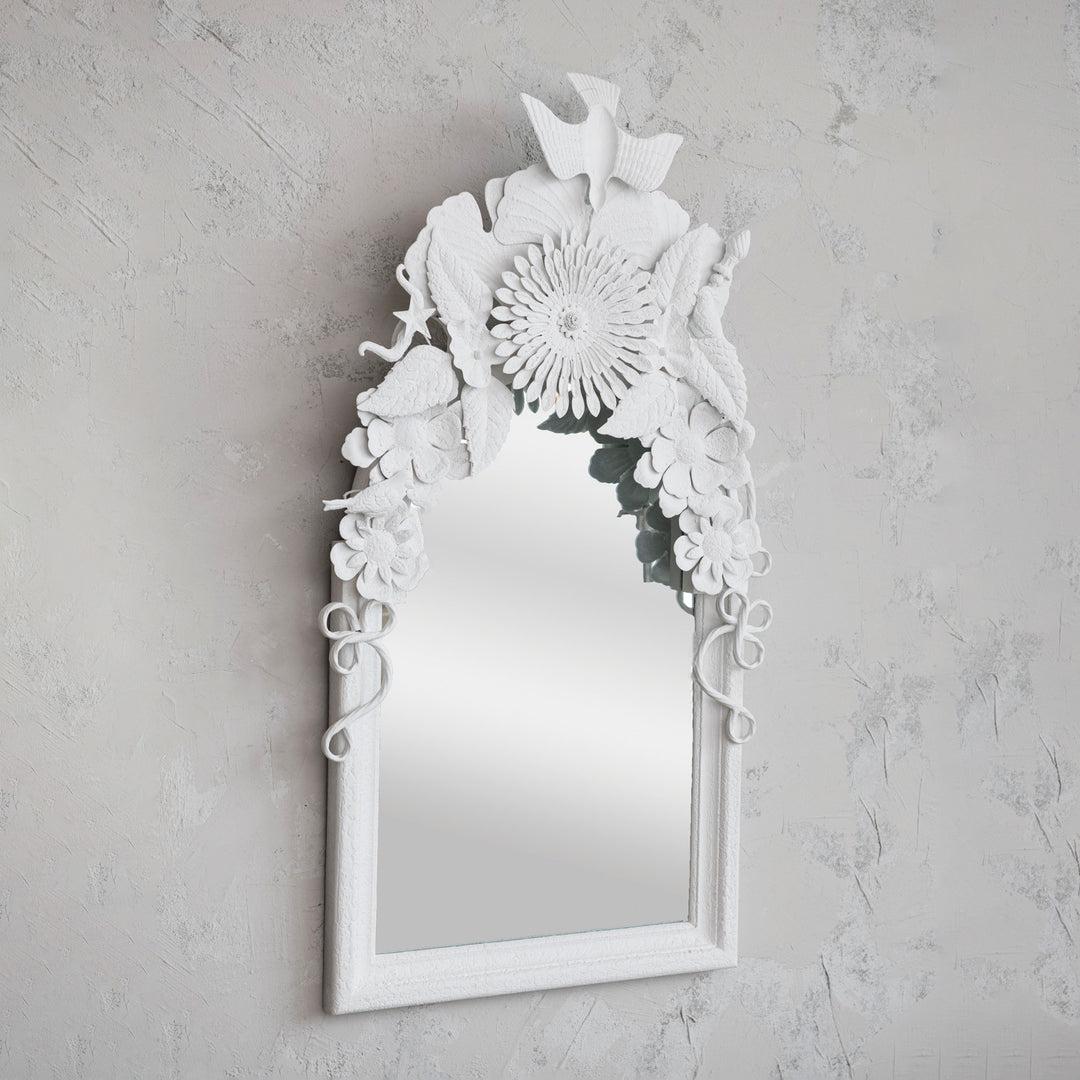 Wood Framed Wall Mirror w/ Embossed Metal Flowers & Birds