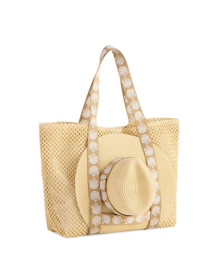 SHELLY TOTE AND HAT SET,TAN