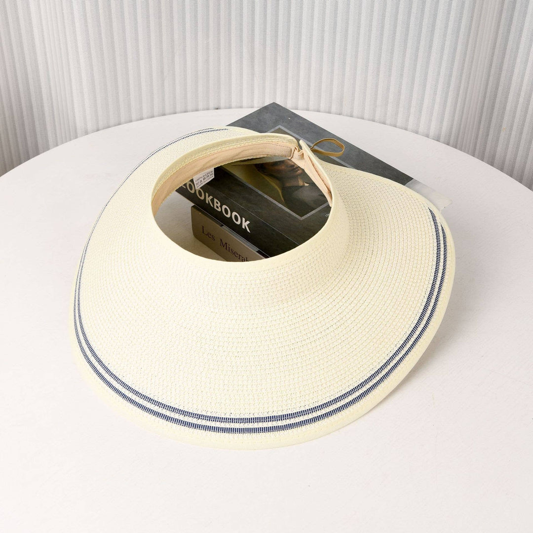 Foldable Striped Trim Wide Brim Straw Sun Visor