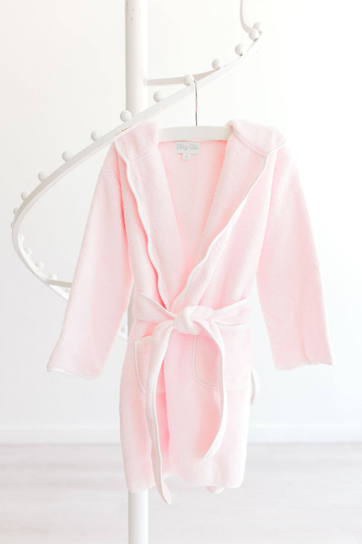 Bathrobe - Pink Terry with Hood & White Scalloped Trim