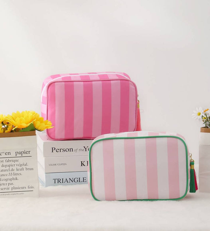 Color-Blocked Striped Pouch Bow Tassel Zipper Makeup Bag