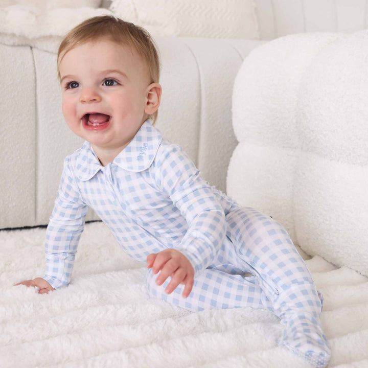 Peter Pan Collar Zipper Footie|Dusty Blue Gingham:6-12 months