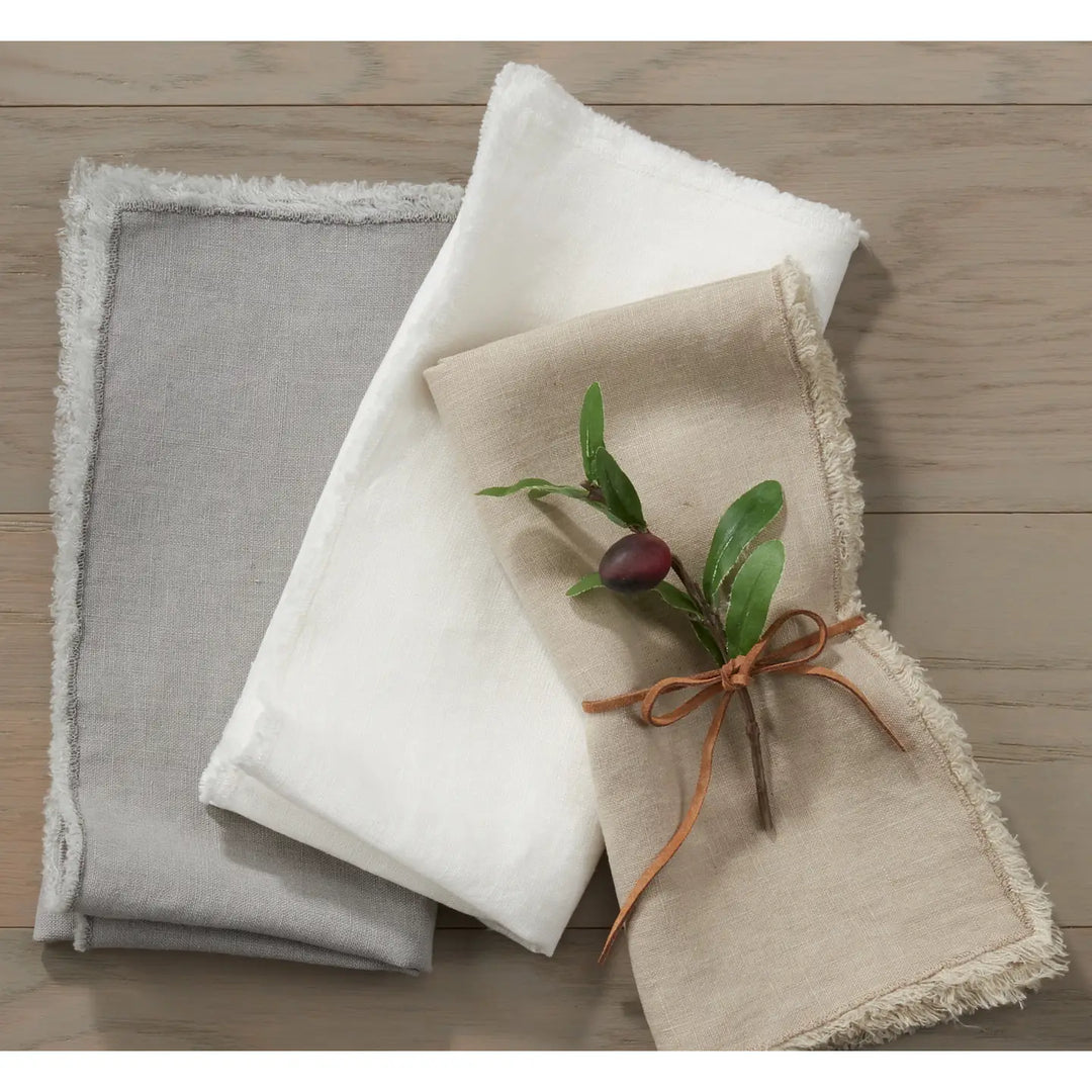 Fringed Design Stone Washed Napkin Ivory Set of 4