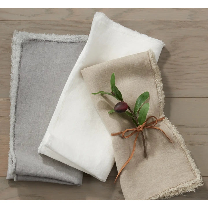 Fringed Design Stone Washed Napkin Ivory Set of 4