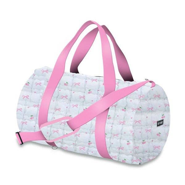 White Scrunchie Puffer Duffle with Bow Pattern