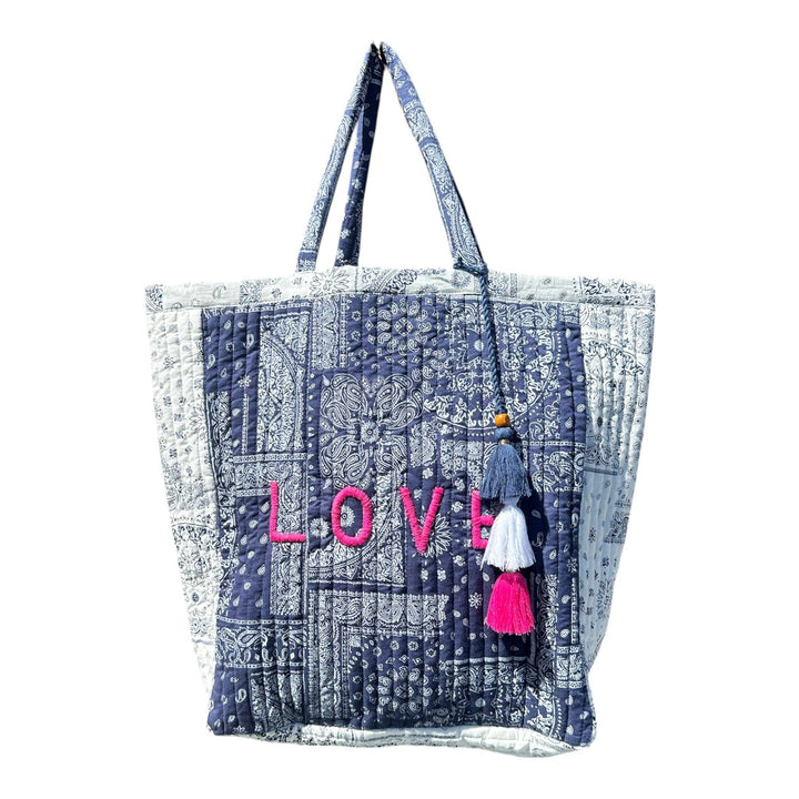 Saline Beach Tote Patchwork Bandana Navy White "Love"