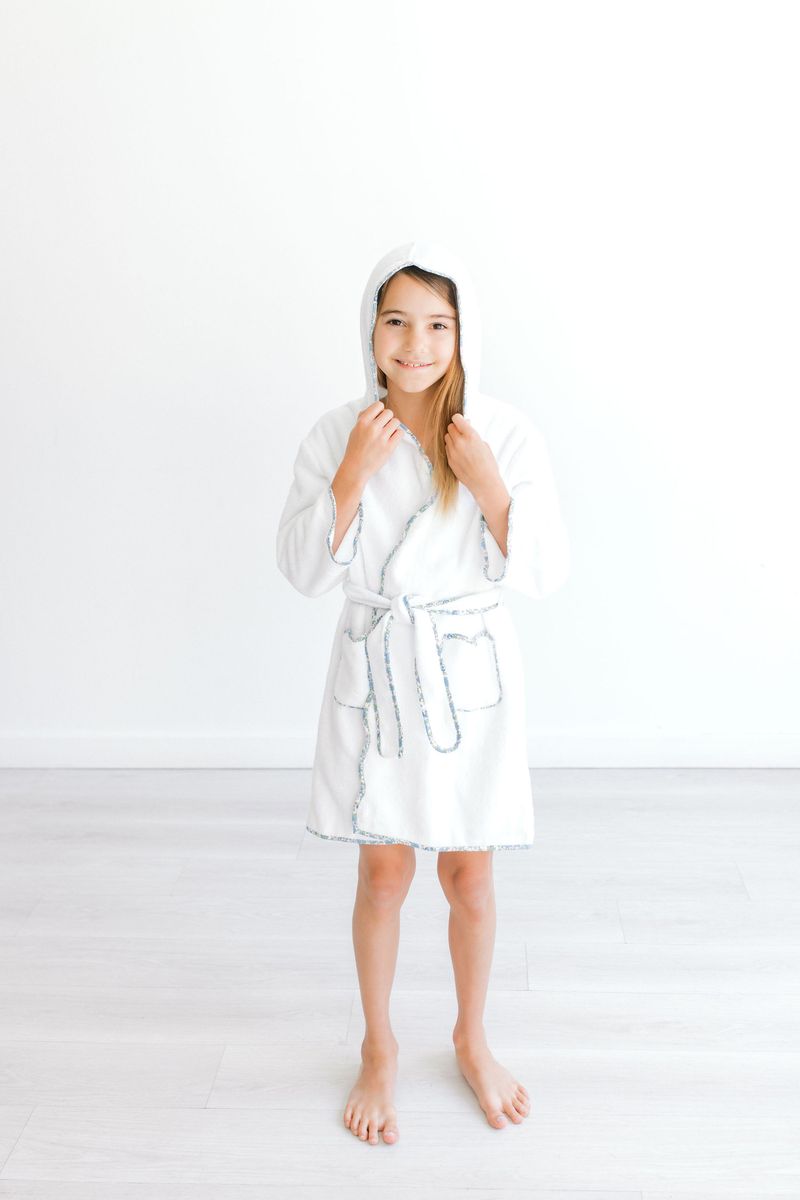 Bathrobe - White w/ Hood & Blue Floral Trim