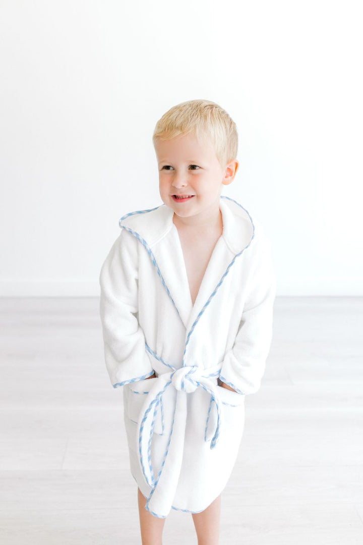 Bathrobe - White w Blue Buffalo Check Trim &Collar