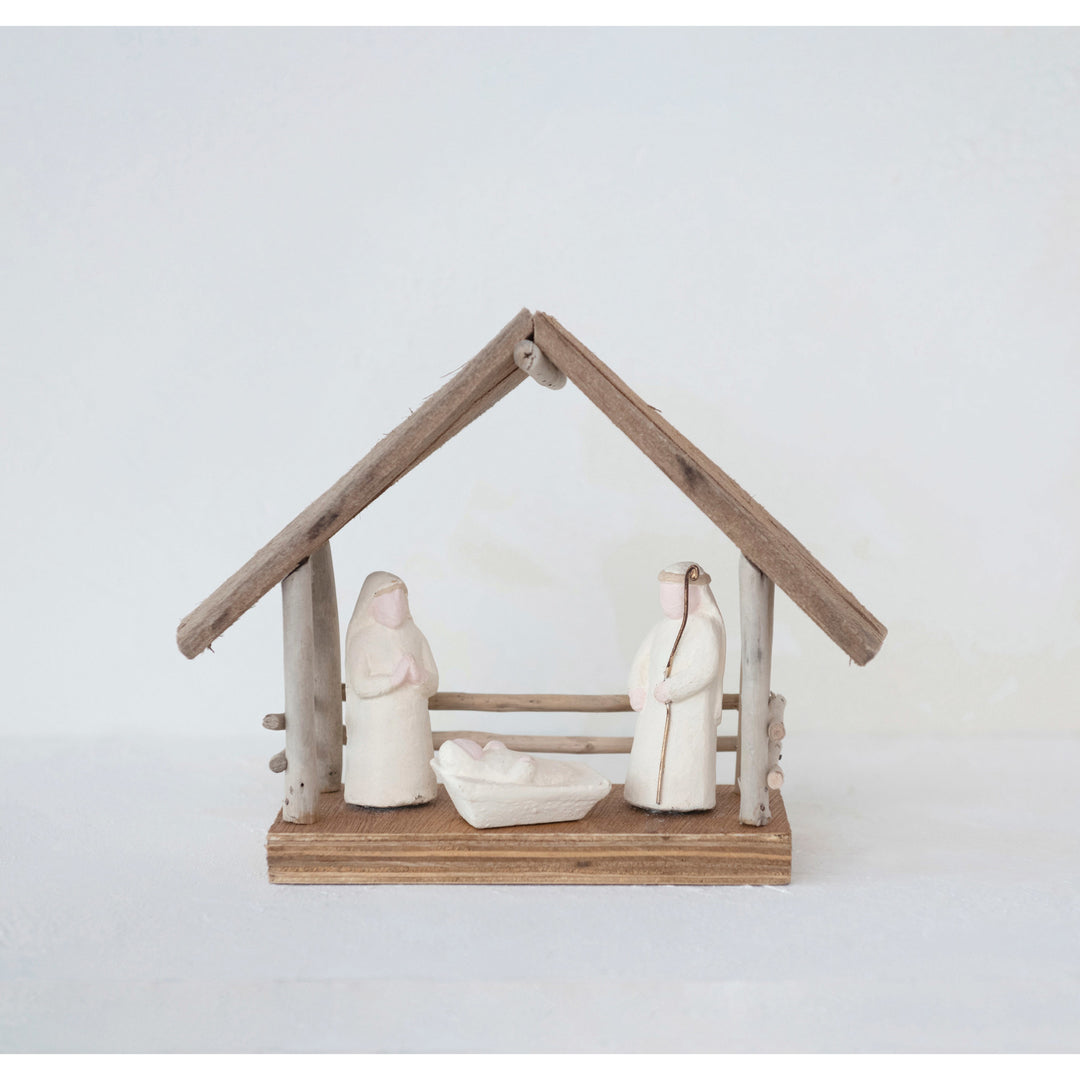 Handmade Driftwood and Paper Mache Nativity with Wood Base
