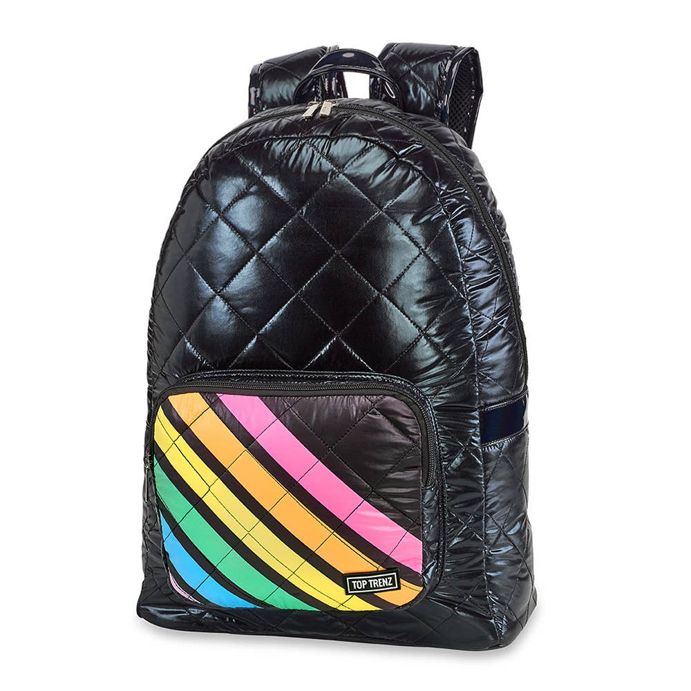 Black Diamond Stitch Puffer Backpack w/Angle Stripe Pocket