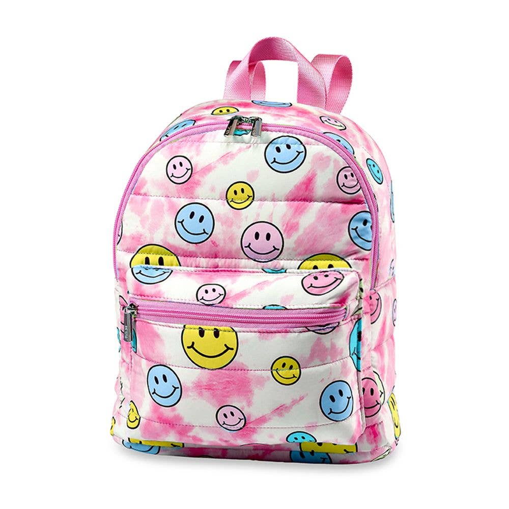 Pink &  Blue Tie Dye Happy Face Puffer Mini Backpack
