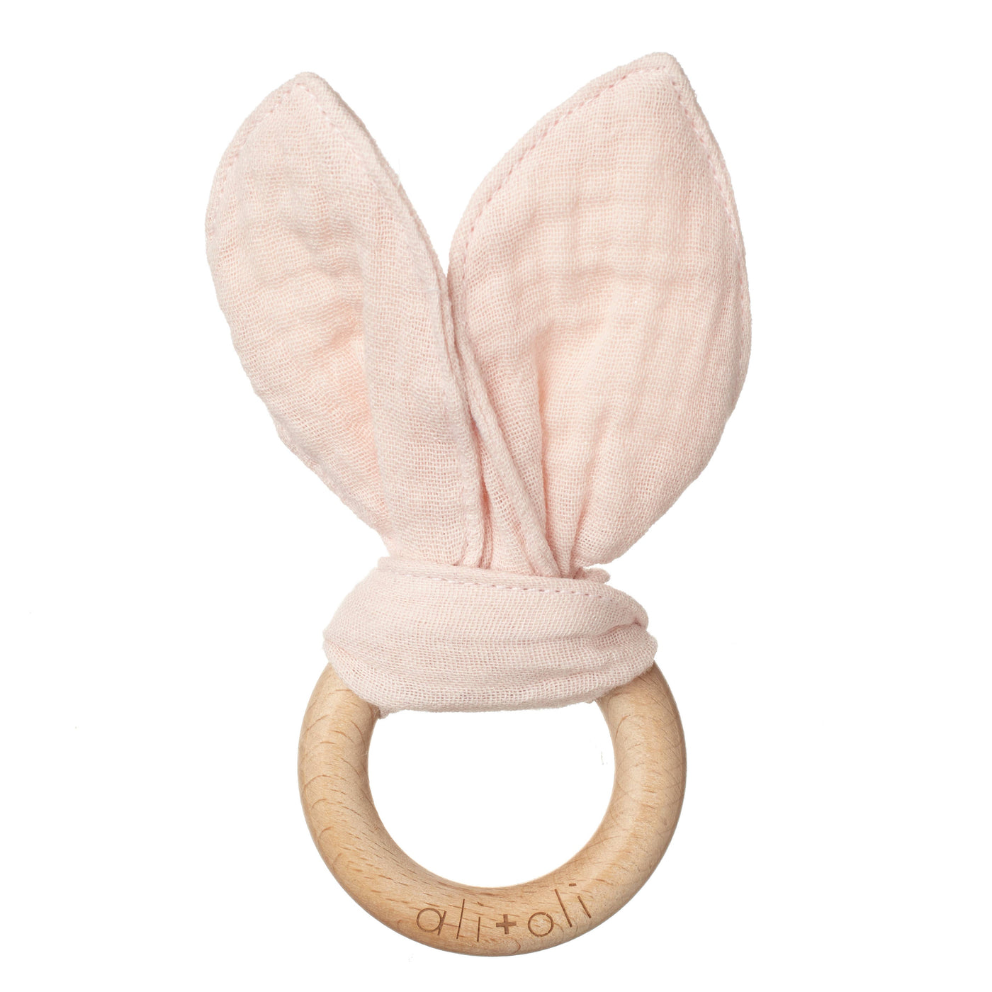 Crinkle Bunny Ears Wooden Ring Teething Toy Pink)